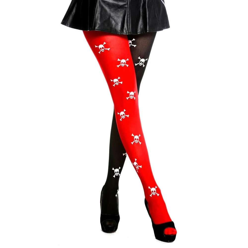 Red Black Skull Crossbones Thigh High Stockings Harlequin Goth Punk Costume